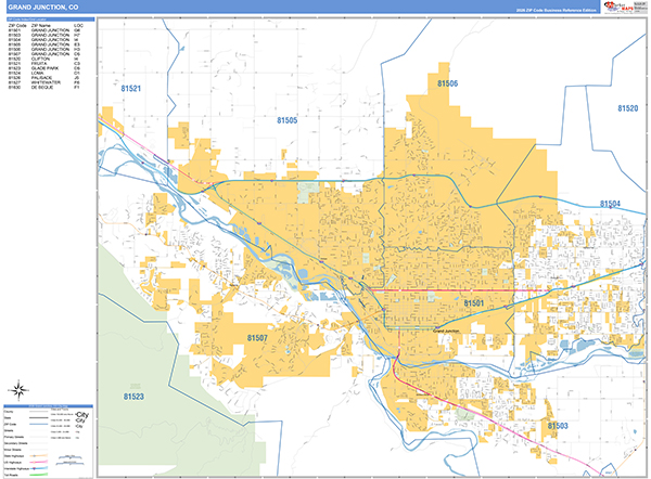 Grand Junction City Wall Map Basic Style